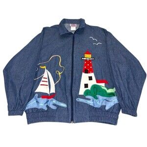 Vintage Southern Stitches Lighthouse Denim Jacket Beach USA Chambray Medium